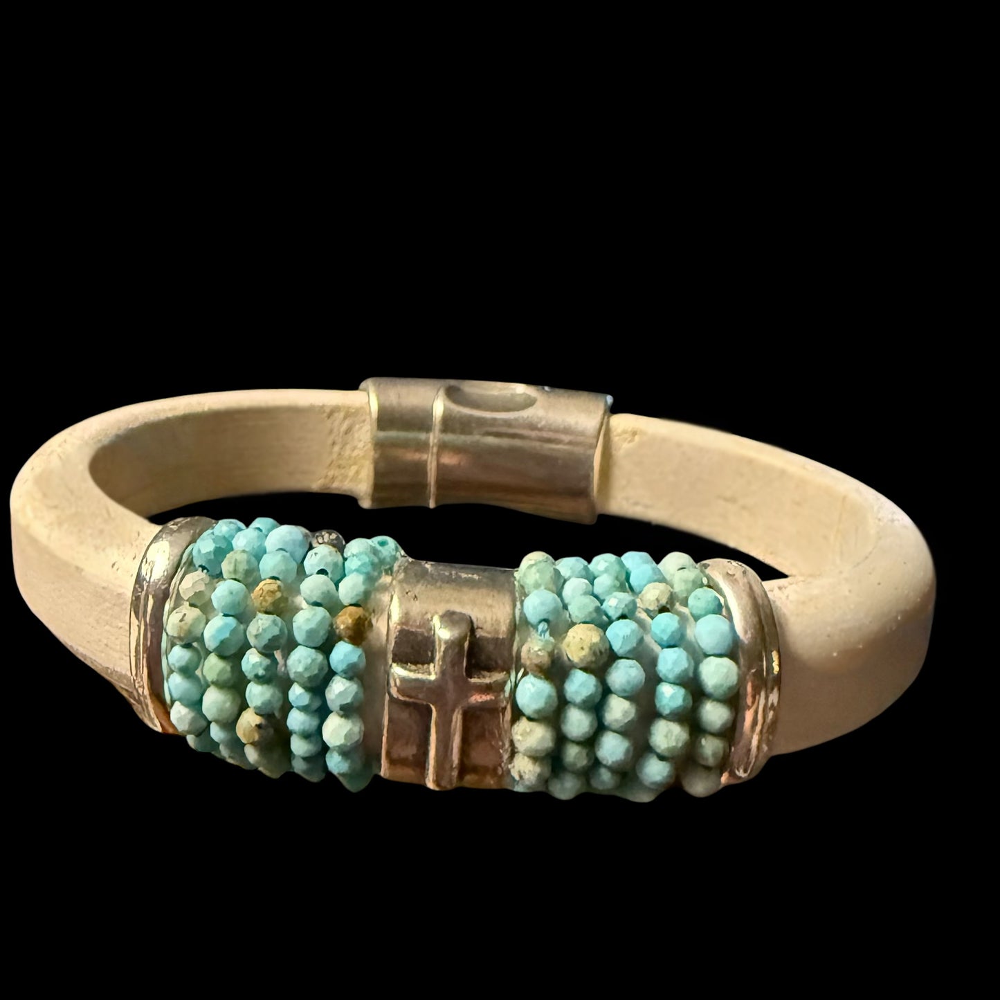 Cross with Double Turquoise on White Leather