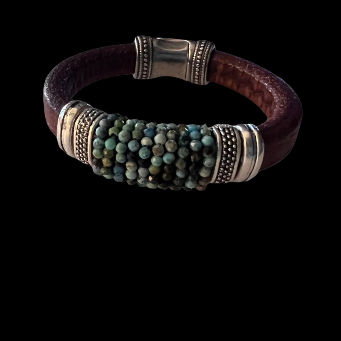 Natural Blue AAA Turquoise on Brown Leather