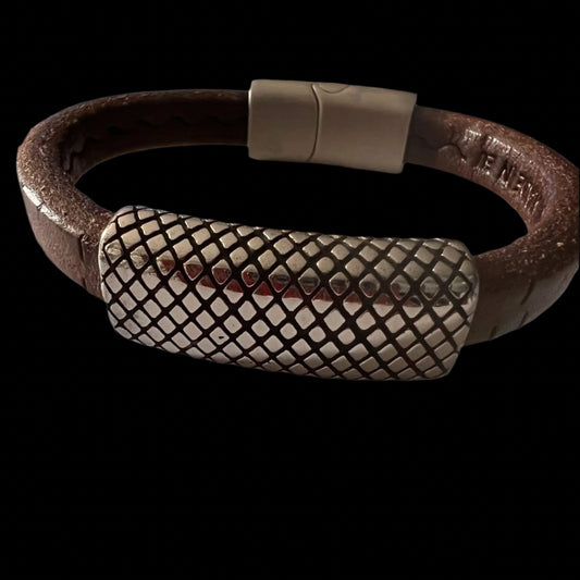 Stainless Steel  Brown Leather Geo Design