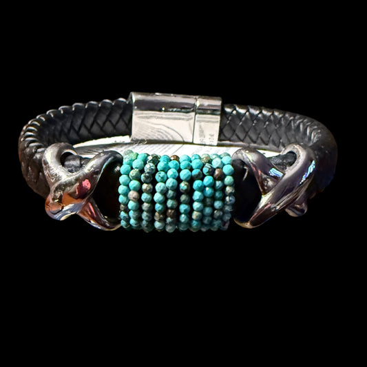 Stainless Steel Black Woven Leather with Blue Turquoise