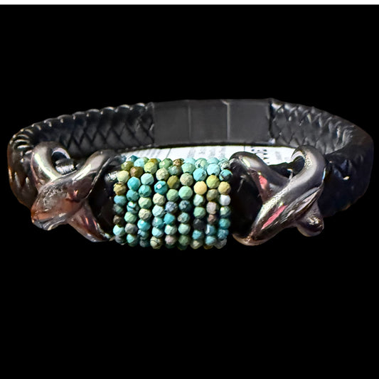 Stainless Steel Black Woven Leather with Turquoise