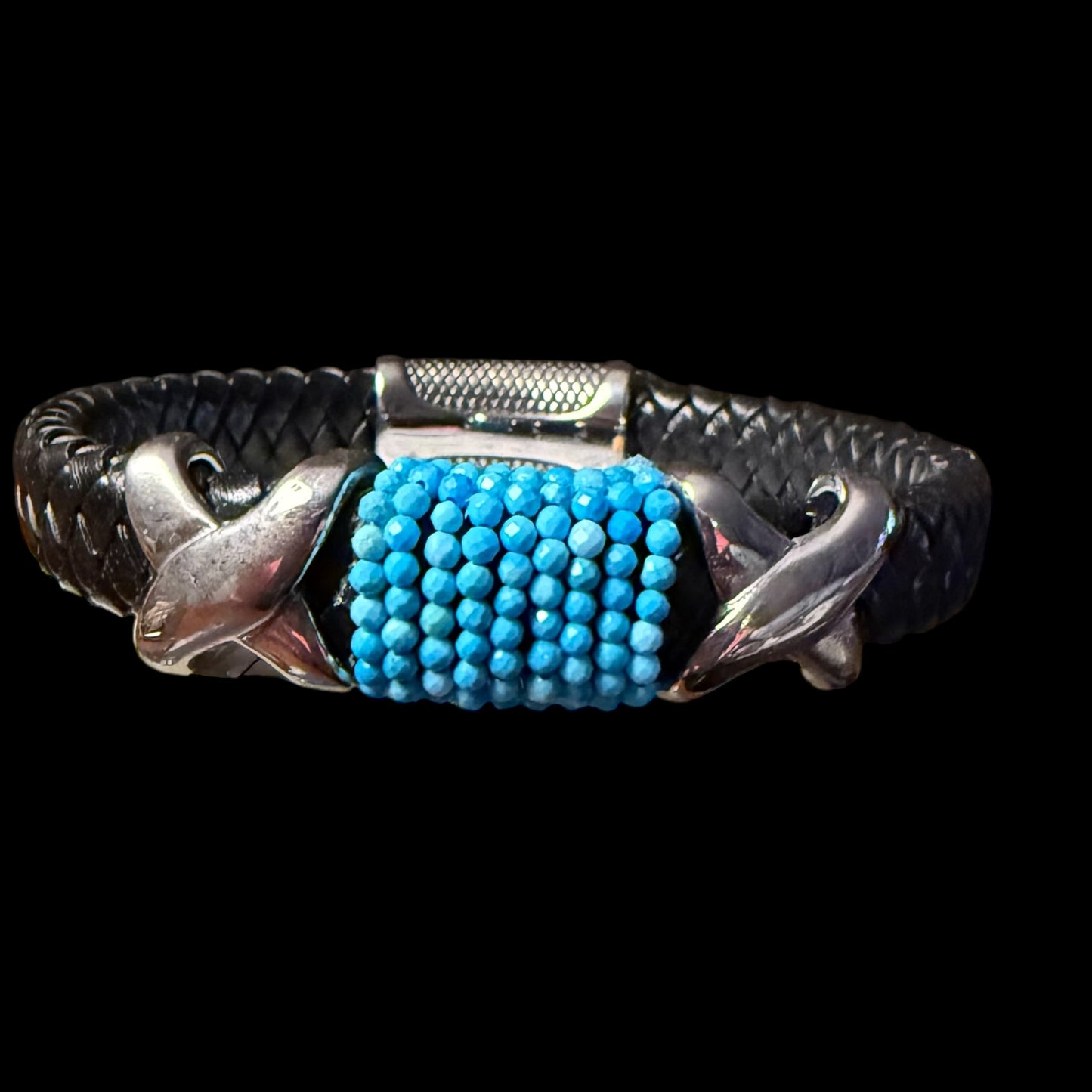 Stainless Steel Black Woven Leather with Turquoise (Sleeping Beauty)