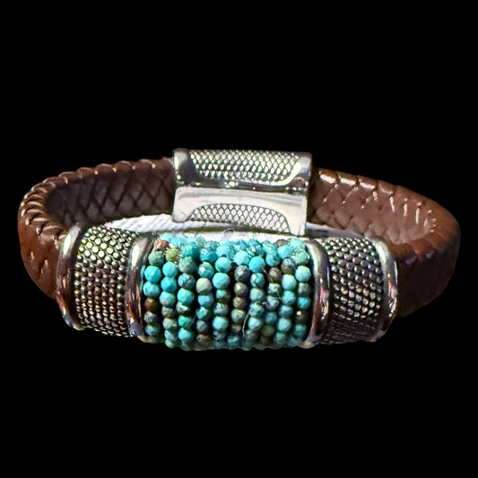 Stainless Steel Brown Woven Leather with Turquoise TC