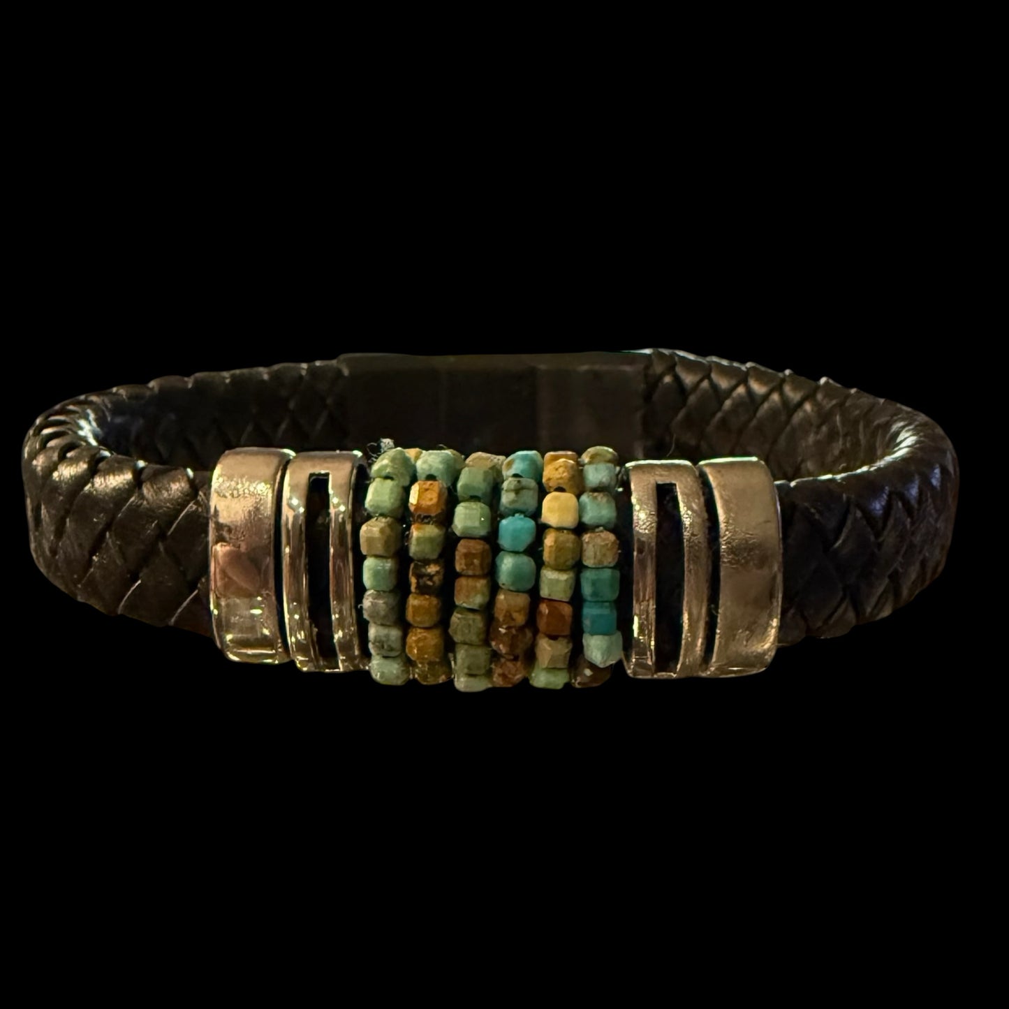 Stainless Steel Brown Woven with Cubed Turquoise