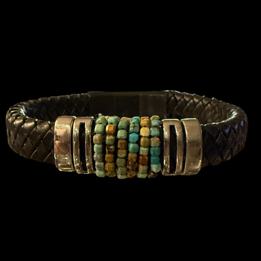 Stainless Steel Brown Woven with Cubed Turquoise