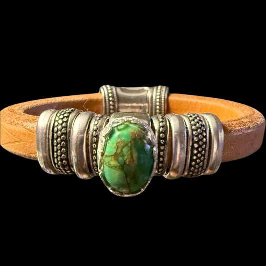 Sonoran Golden Turquoise with Silver on Light Brown Leather