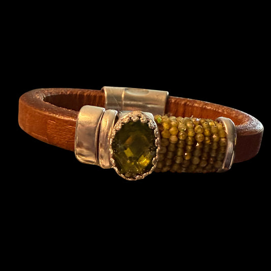 Moldavite and Turmaline on Brown Leather