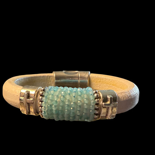 Cross with Peruvian Opal on White Leather