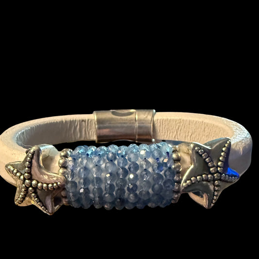 Aquamarine with Starfish on White Leather