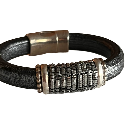 Hematite on Steel Black Leather